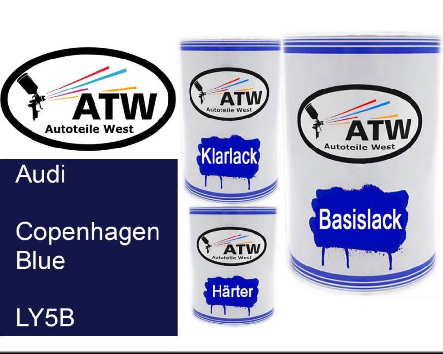 Audi, Copenhagen Blue, LY5B: 500ml Lackdose + 500ml Klarlack + 250ml Härter - Set, von ATW Autoteile West.